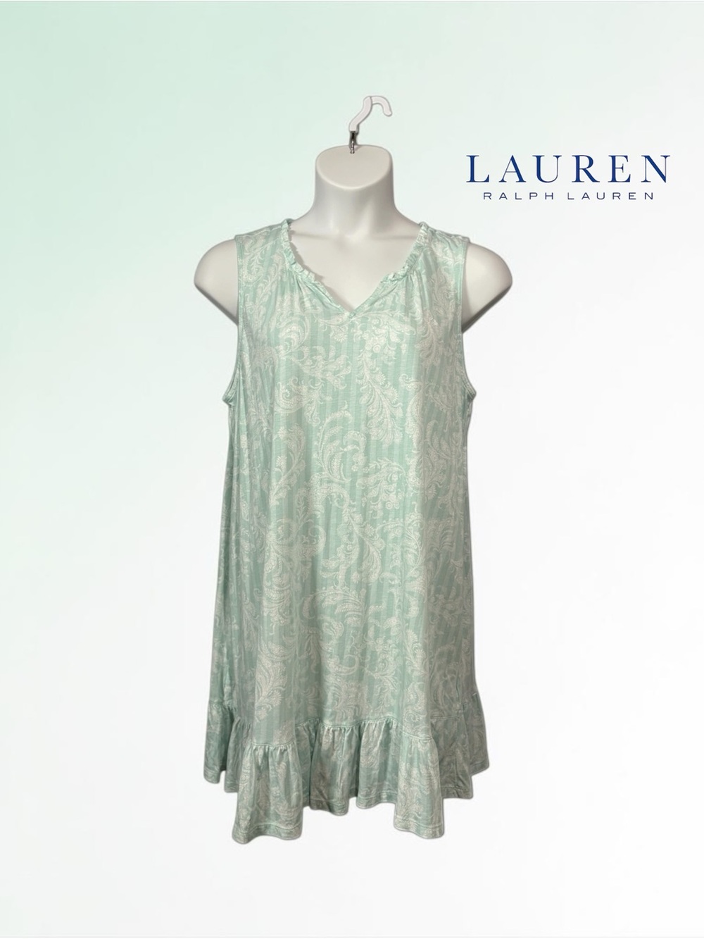 NEW, Ralph Lauren, Nightgown Dress Mint Paisley Sleeveless Ruffle Hem, Size L